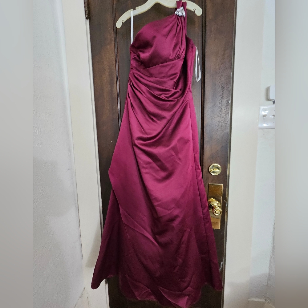 David's Bridal One-Shoulder Gown in Rich Burgundy